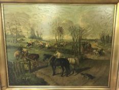A gilt framed oleograph depicting a fox hunt by J.F.