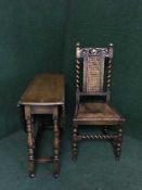 A narrow oak gate leg table together with an antique oak barley twist chair