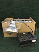 A box of miscellaneous photographic equipment together with a boxed silver-reid type writer