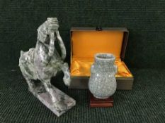 A soapstone figure of a Tang horse and a modern Chinese crackle-glaze vase in presentation box