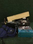 A box of Pentax camera, lens, accessories, digital camera, tripod, camera bag,