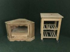 A pine corner TV stand and a butcher's block trolley
