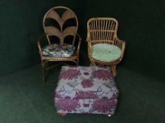 Two wicker armchairs and an upholstered footstool