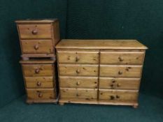 A pine eight drawer chest and two bedside chests