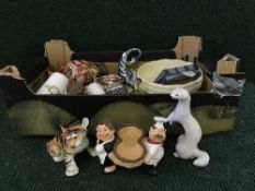 A box of German animal ornaments, oriental vase, fruit bowl, Crown Derby saucer,