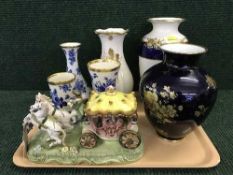 A tray of German blue and gilt floral vases, jug,