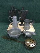 A tray of Ardent pewter twin handled bowl, candlesticks, pewter tankard, coffee pot, gravy boat,
