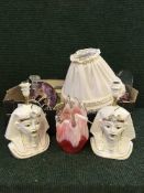 Two boxes of West German vase, pair of Egyptian style table lamps, banjo barometer,