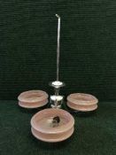 A chrome Art Deco three way light fitting with pink glass shades