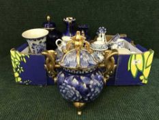 Two boxes of china, glass ware, blue and white vases, English commemorative teapot,