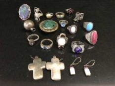 A quantity of sterling silver jewellery including dress rings, brooch, earrings etc.