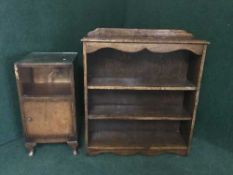 A set of oak bookshelves together with a walnut bedside cabinet