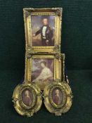Six decorative prints in gilt frames depicting figures in 18th century dress