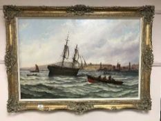 Stuart Henry Bell : Shipping off Sunderland Harbour, oil on canvas, signed, 59 cm x 90 cm, framed.