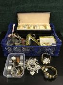 A box of costume jewellery, watch box lady's and gent's watches etc.