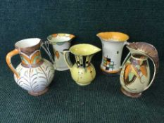 Five hand painted Myott jugs