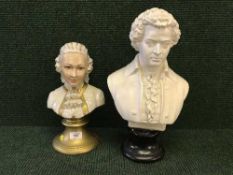 A chalk bust on marble bust of Mozart together with a hand made Bavarian bust