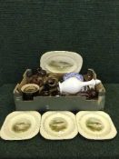 A box of blue and white ware, stoneware jugs, teapots,