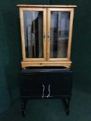 A painted oak barley twist cabinet together with a pine glazed door Cd cabinet