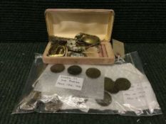 A box of crested spoon, plated pickle fork, lady's brooch,