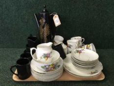 A tray of Czechoslovakian fruit patterned tea china and a Port Merion Phoenix coffee set