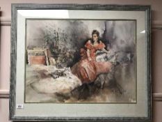 After Gordon King : A lady wearing a red dress, reproduction in colours, 46 cm x 60 cm, framed.