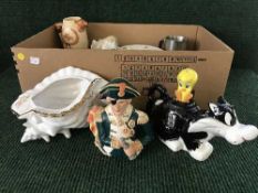 Two boxes of china, character jugs, Maling Ringtons ware,