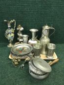 A tray of pewter pieces - goblets, coffee pot, vases,