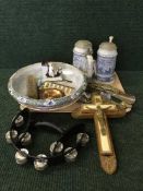 A tray of two pottery pewter lidded Old Spice tankards, crucifix, tambourine, shoe horn,