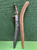 A large Nepalese Kurki knife in leather sheath and a boomerang