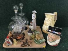 A tray of two ship's in bottles, Royal Doulton Beefeater character jug, Wade pieces,
