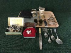 A tray of brass match strikers, lighters, Wade tortoise, costume jewellery,