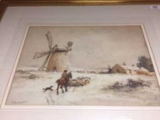 John Atkinson (1863-1924) A man on horseback herding sheep in a winter setting, watercolour, signed,