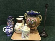 A tray of Albion ware pottery vases, Maling lustre vase, Ringtons chintz teapot,