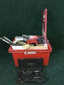 Three plastic containers and a wooden box containing hand tools, drill bits, clamp,