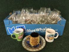 Three boxes of glass, wooden pieces, mugs, Royal Worcester Millenium plate etc.