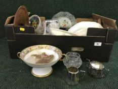 Two boxes of china and plated ware - Masons, paperweights,