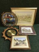 A box of assorted pictures, two K W Burden prints, metal framed mirror,