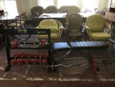 A Gold Gym weight stand, Reebok and weights bench, weights bars,