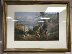 A gilt framed picture depicting children playing in woodland,