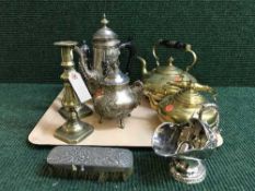 A tray of plated coffee pot, brass kettles, sugar helmet,