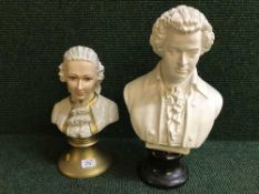 A chalk bust on marble bust of Mozart together with a hand made Bavarian bust