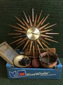 A box of teak sun burst clock, wash board, kitchen scales, weights, copper planter,