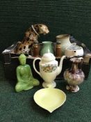 Two boxes of Wade whiskey decanter, oriental figures, chalk figure of leopard,