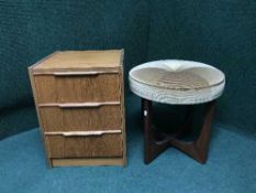 A teak G Plan dressing stool and a teak three drawer chest