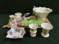 A tray of Aynsley wild Tudor fruit bowl, Wedgwood vases, pin dishes, china trio,