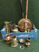 A copper fire curb and two copper and brass jam pans, ornaments,