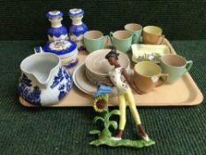 A tray of Branksome pottery tea service, Burslem jug, Charlotte Rhead bowl (damaged),