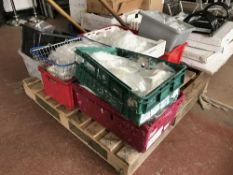 A pallet of white catering ware, glass ware,