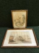 A gilt framed watercolour - houses by river,